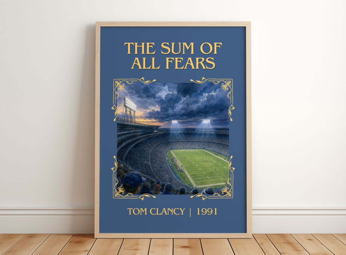 The Sum of All Fears Classic Book Art Print by Tom Clancy – framed print leaning on a wooden floor