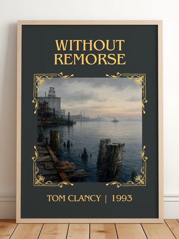 Without Remorse Classic Book Art Print by Tom Clancy – framed print leaning on a wooden floor