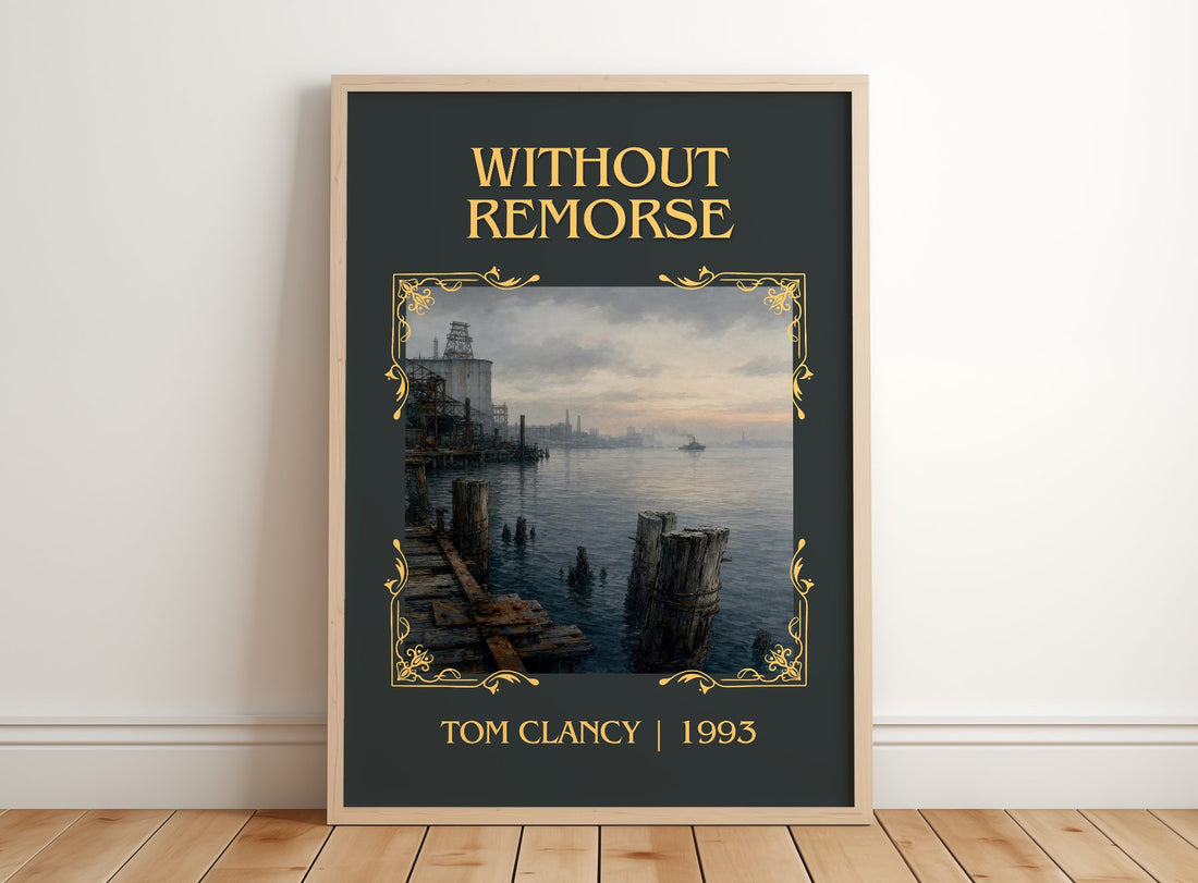 Without Remorse Classic Book Art Print by Tom Clancy – framed print leaning on a wooden floor