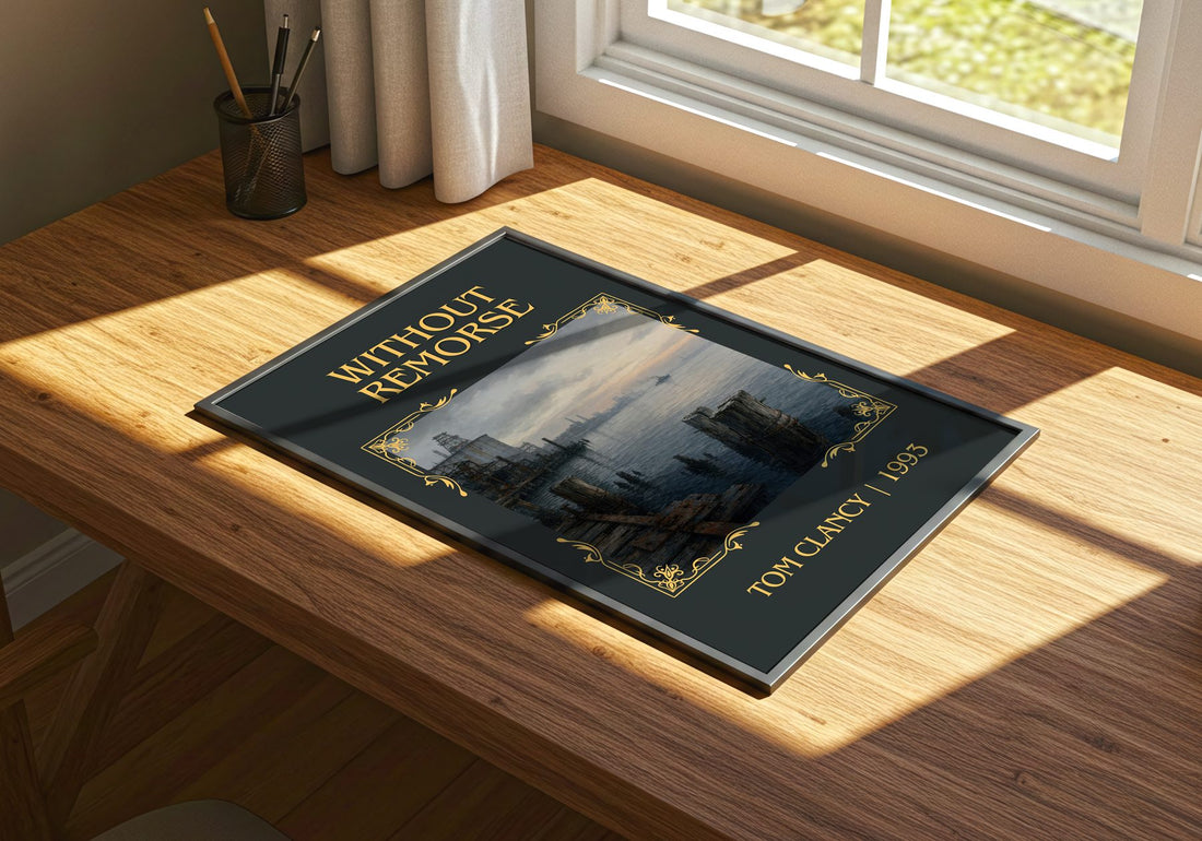 Without Remorse Classic Book Art Print by Tom Clancy – print on a sunlit desk