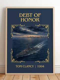 Debt of Honor Classic Book Art Print by Tom Clancy – framed print leaning on a wooden floor