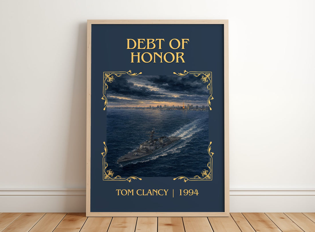 Debt of Honor Classic Book Art Print by Tom Clancy – framed print leaning on a wooden floor
