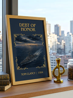 Debt of Honor Classic Book Art Print by Tom Clancy – framed print on a city-view windowsill