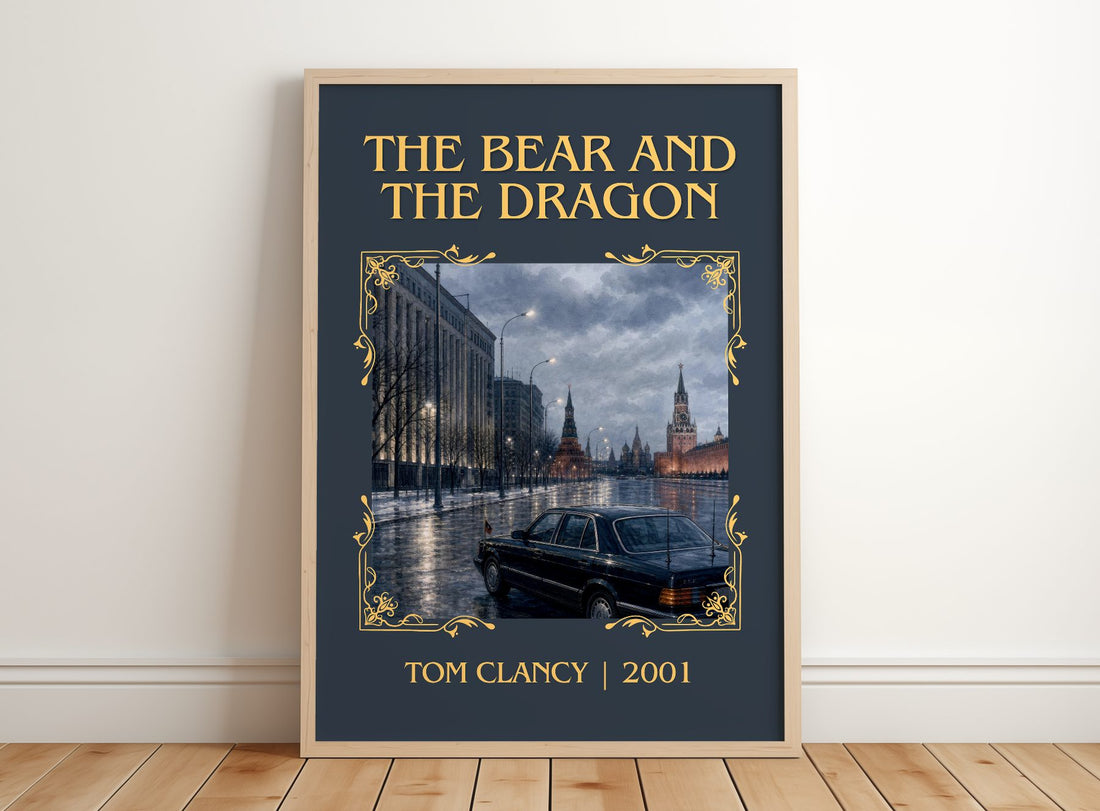 The Bear and the Dragon Classic Book Art Print by Tom Clancy – framed print leaning on a wooden floor