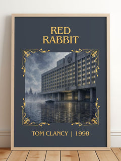 Red Rabbit Classic Book Art Print by Tom Clancy – framed print leaning on a wooden floor