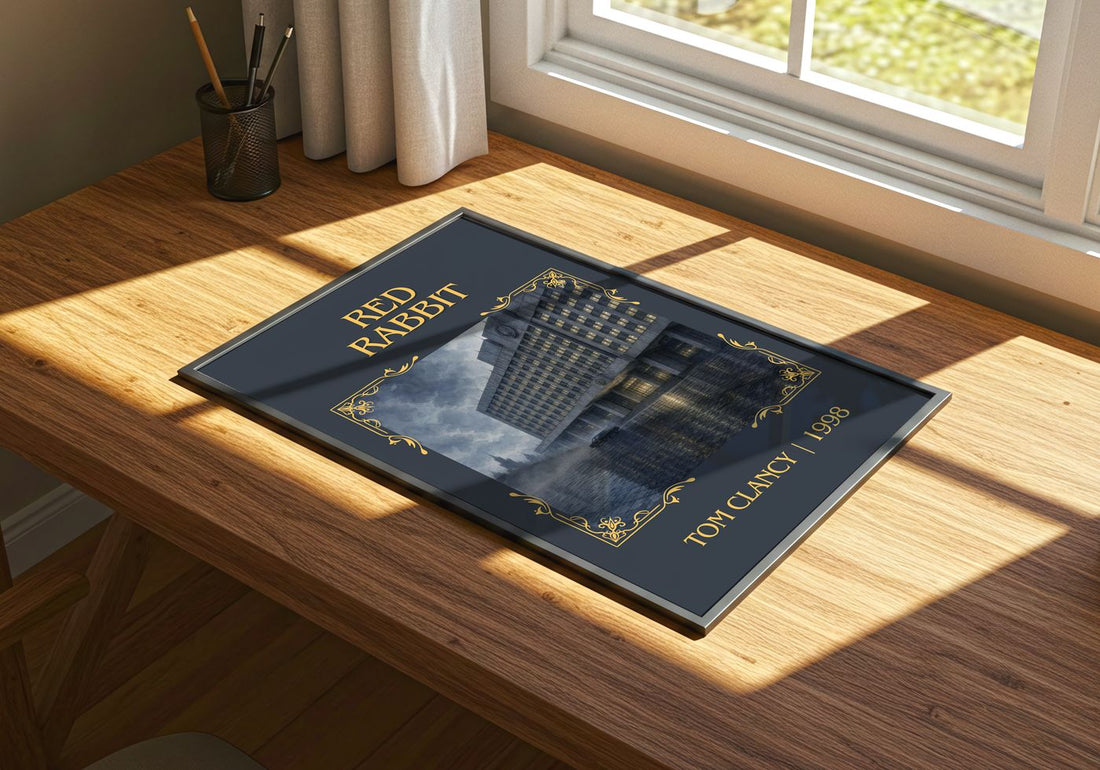 Red Rabbit Classic Book Art Print by Tom Clancy – print on a sunlit desk