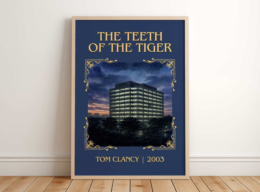 The Teeth of the Tiger Classic Book Art Print by Tom Clancy – framed print leaning on a wooden floor