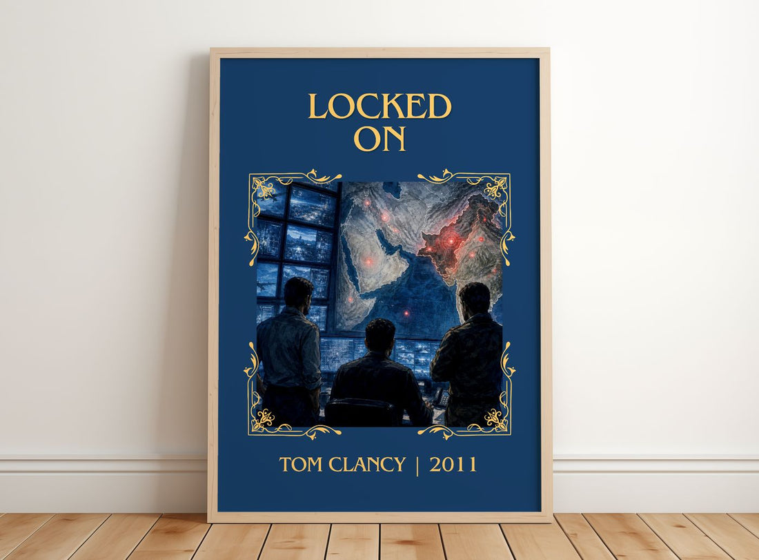 Locked On Classic Book Art Print by Tom Clancy – framed print leaning on a wooden floor