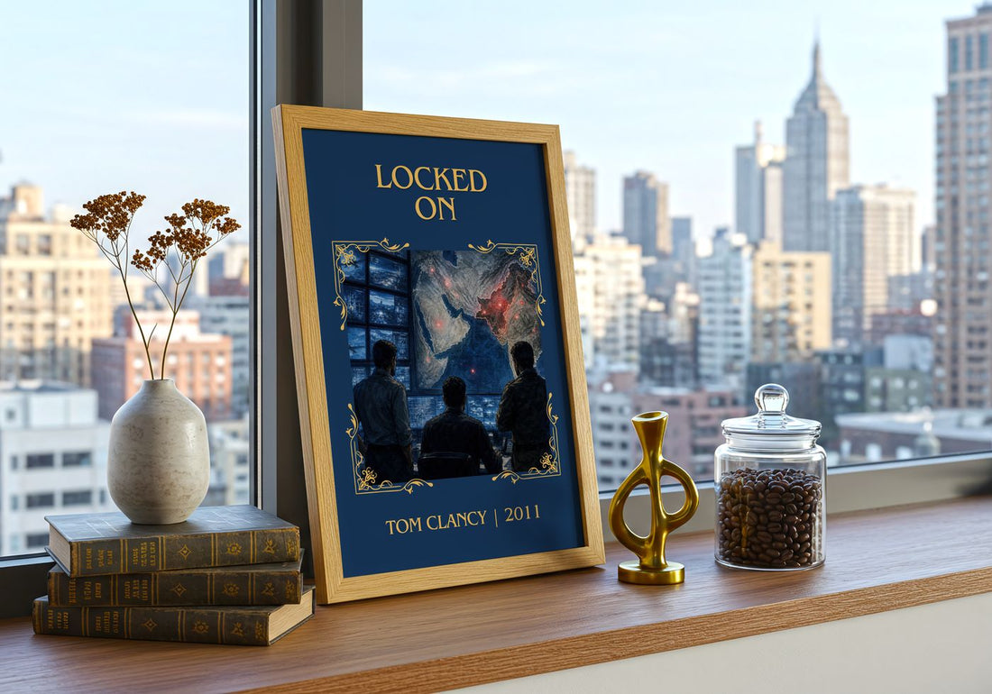 Locked On Classic Book Art Print by Tom Clancy – framed print on a city-view windowsill
