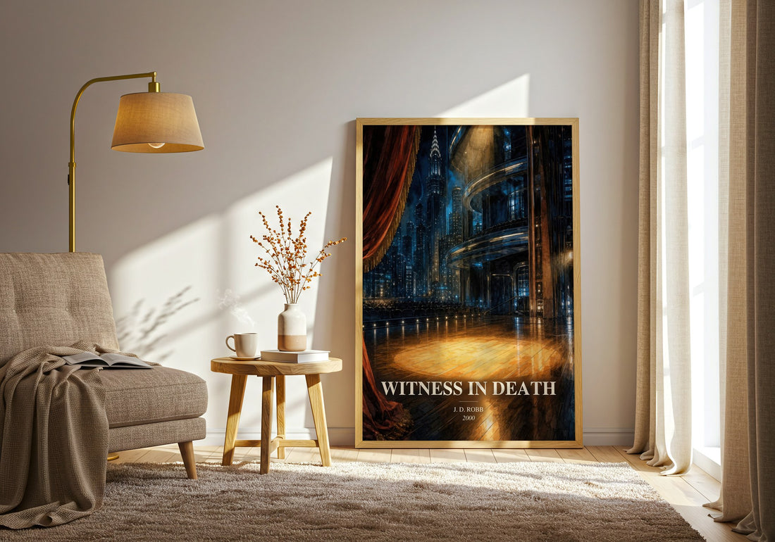 Witness In Death watercolour print in frame leaning in hallway – mystery wall art (mockup)