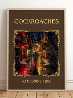 Cockroaches Classic Book Art Print by Jo Nesbø – framed print leaning on a wooden floor