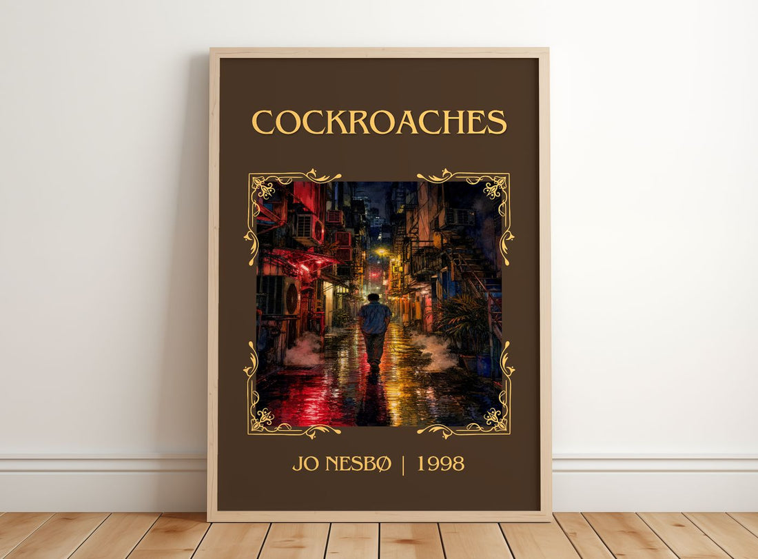Cockroaches Classic Book Art Print by Jo Nesbø – framed print leaning on a wooden floor