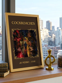 Cockroaches Classic Book Art Print by Jo Nesbø – framed print on a city-view windowsill