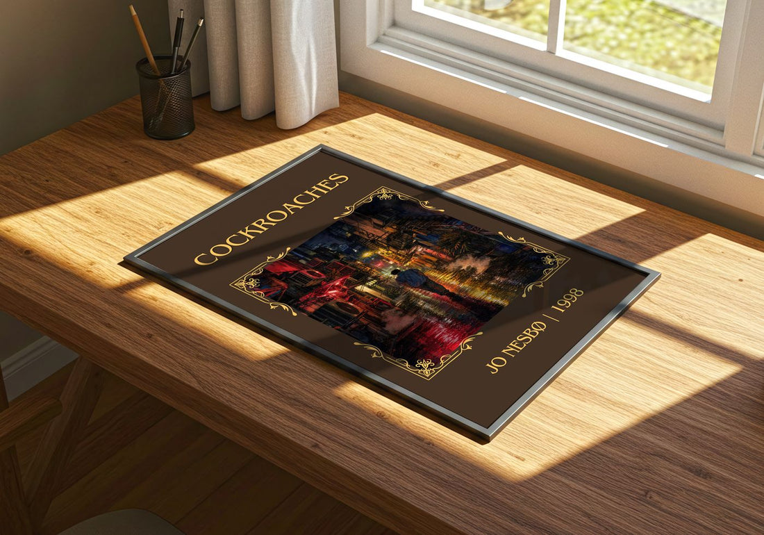 Cockroaches Classic Book Art Print by Jo Nesbø – print on a sunlit desk