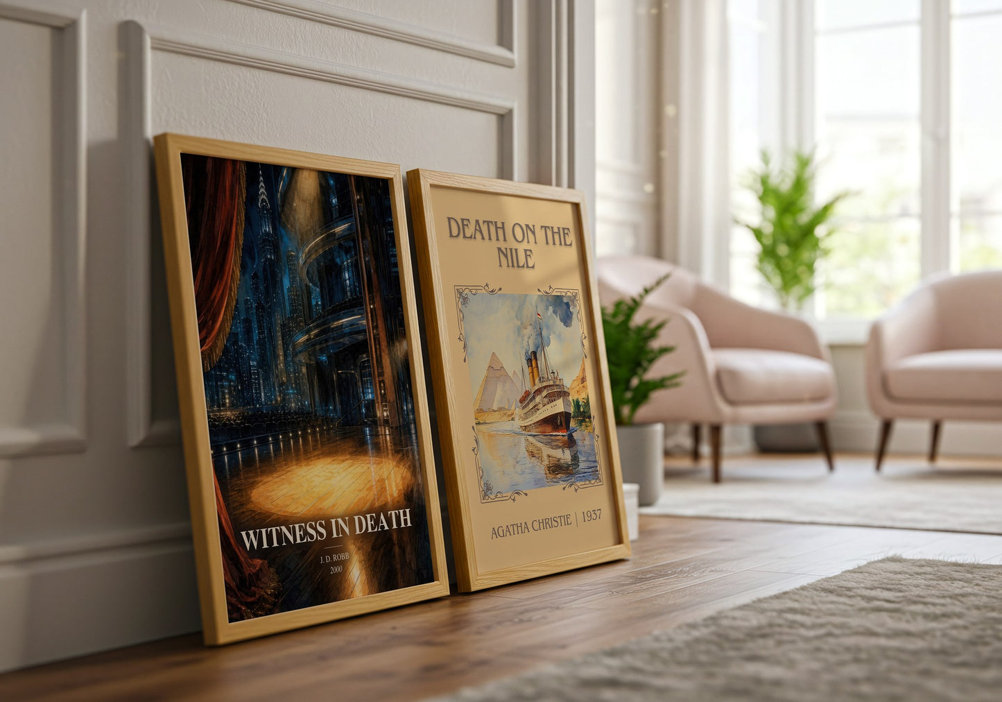 Witness In Death watercolour print framed by window – literary home decor