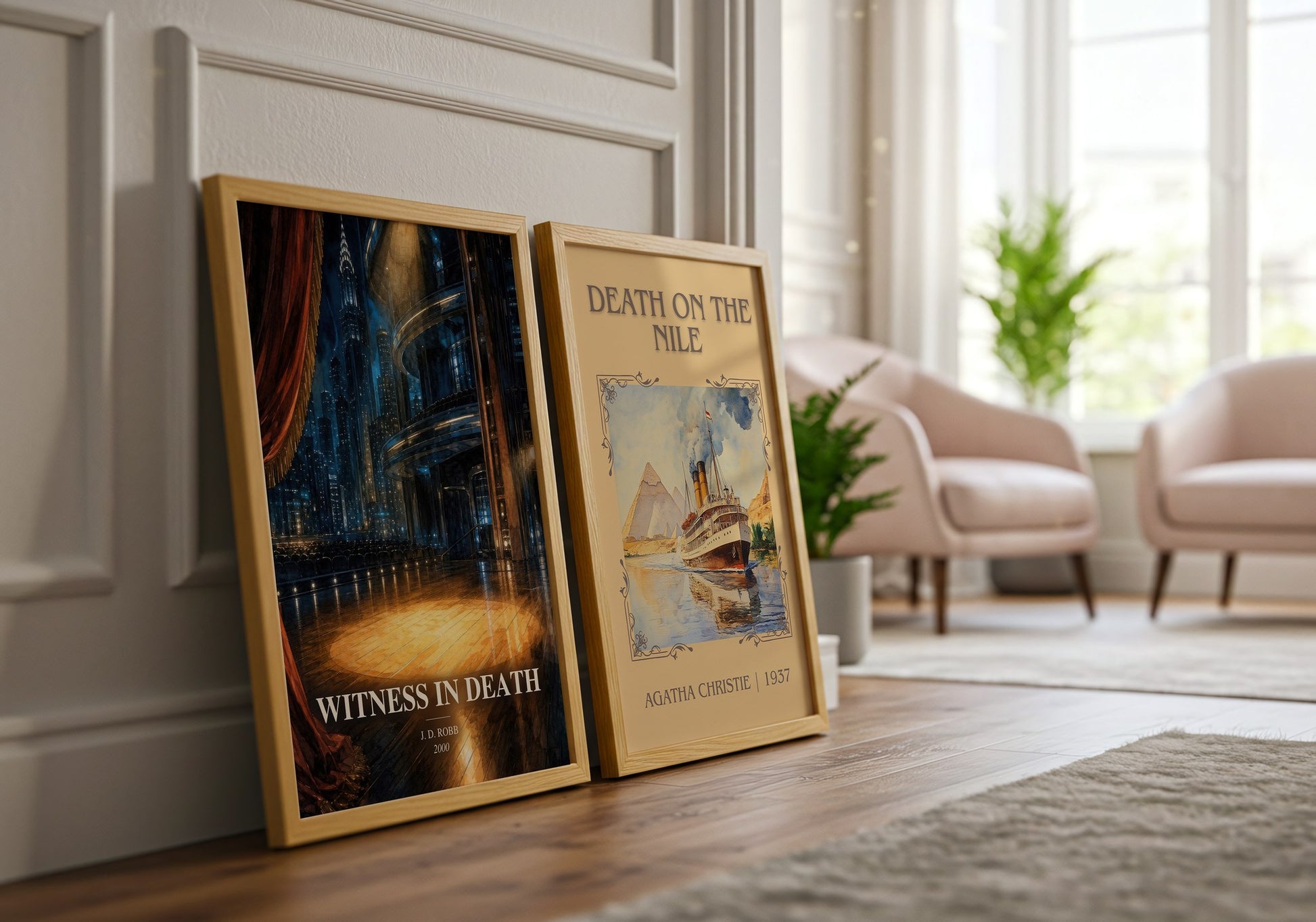 Witness In Death watercolour print framed by window – literary home decor