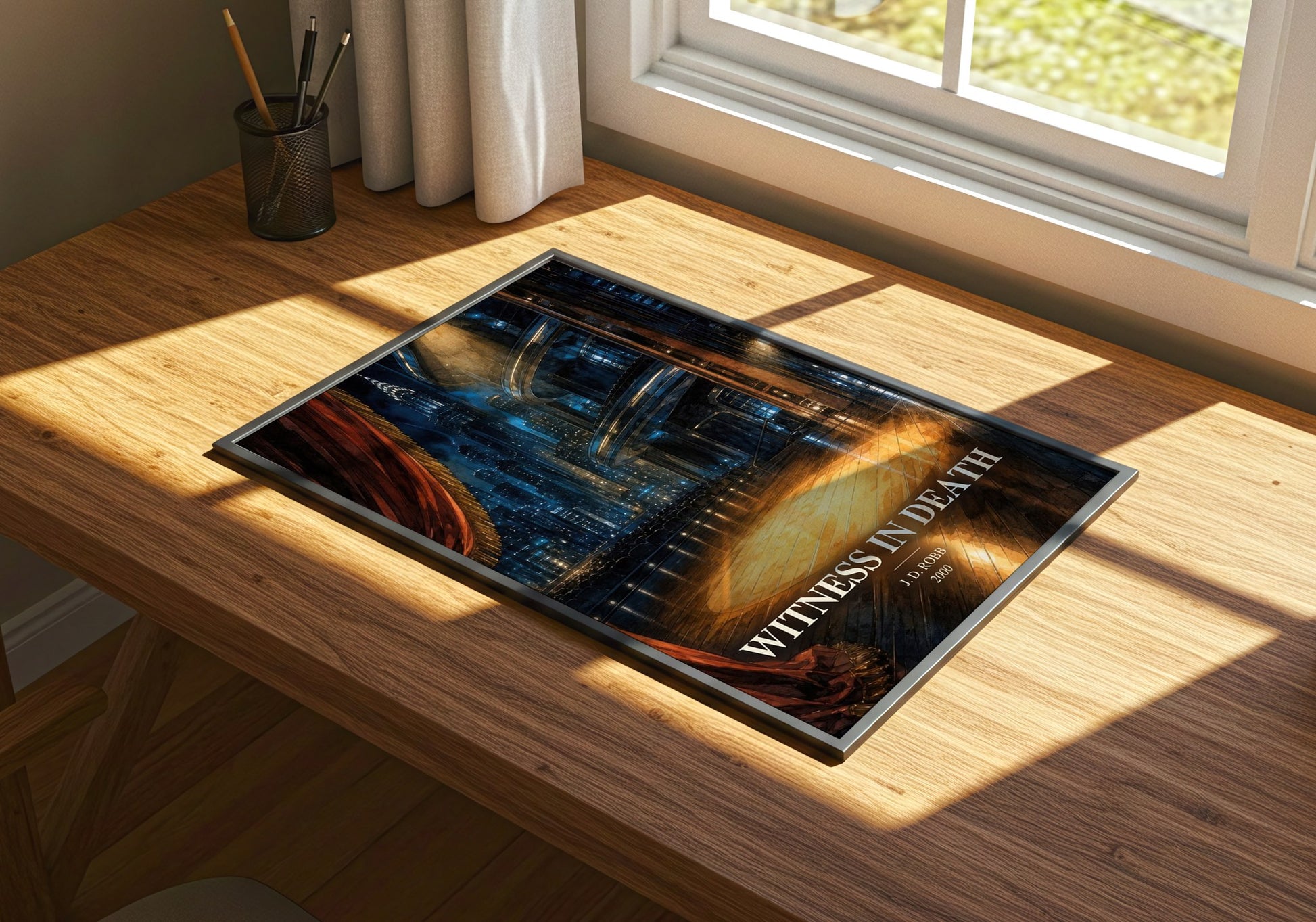 Witness In Death watercolour book poster framed on wall – mystery wall art