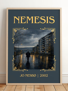 Nemesis Classic Book Art Print by Jo Nesbø – framed print leaning on a wooden floor