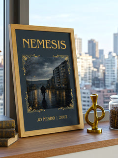 Nemesis Classic Book Art Print by Jo Nesbø – framed print on a city-view windowsill