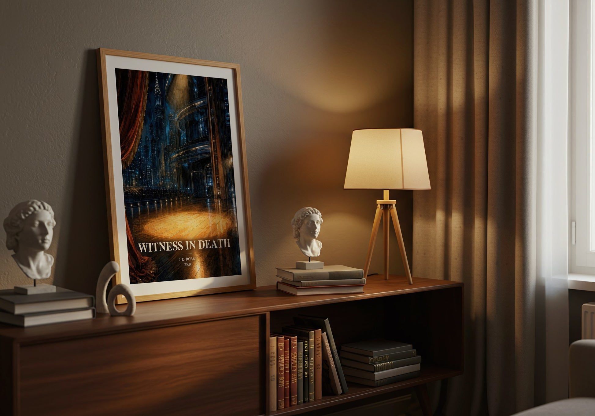 Witness In Death watercolour print on bookshelf – J. D. Robb fan gift