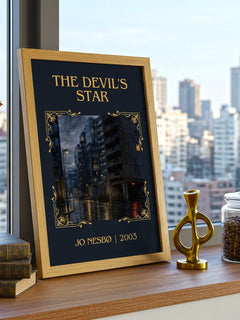The Devil's Star Classic Book Art Print by Jo Nesbø – framed print on a city-view windowsill