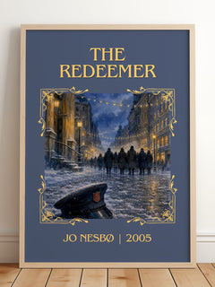 The Redeemer Classic Book Art Print by Jo Nesbø – framed print leaning on a wooden floor