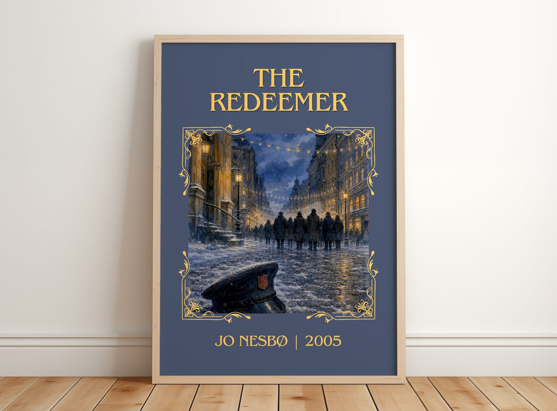 The Redeemer Classic Book Art Print by Jo Nesbø – framed print leaning on a wooden floor