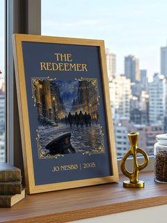 The Redeemer Classic Book Art Print by Jo Nesbø – framed print on a city-view windowsill