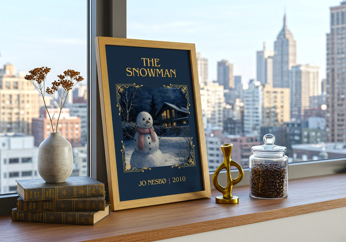 The Snowman Classic Book Art Print by Jo Nesbø – framed print on a city-view windowsill