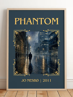 Phantom Classic Book Art Print by Jo Nesbø – framed print leaning on a wooden floor