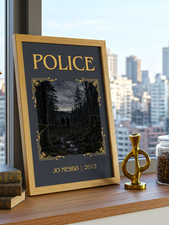 Police Classic Book Art Print by Jo Nesbø – framed print on a city-view windowsill