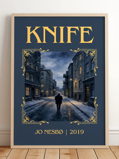 Knife Classic Book Art Print by Jo Nesbø – framed print leaning on a wooden floor