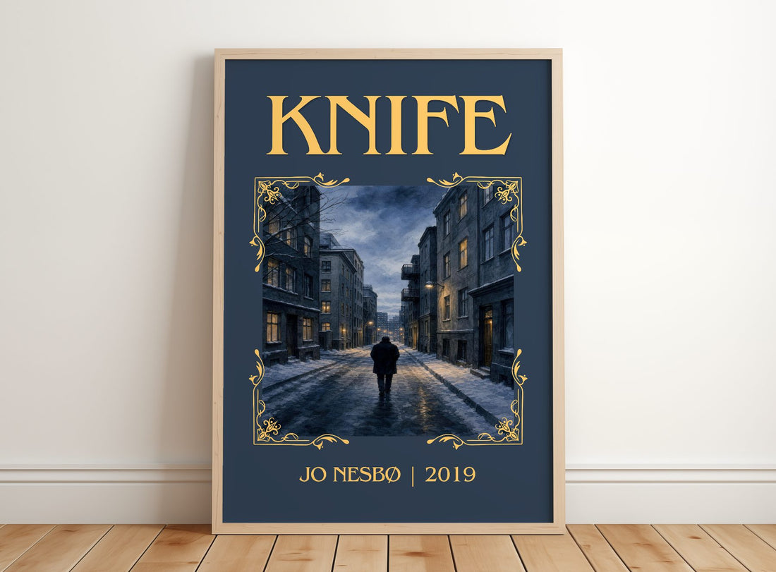 Knife Classic Book Art Print by Jo Nesbø – framed print leaning on a wooden floor
