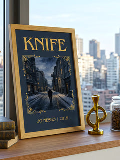 Knife Classic Book Art Print by Jo Nesbø – framed print on a city-view windowsill