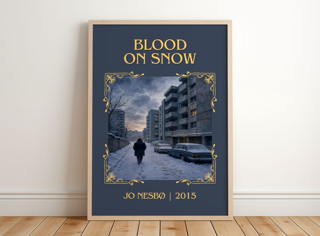 Blood on Snow Classic Book Art Print by Jo Nesbø – framed print leaning on a wooden floor