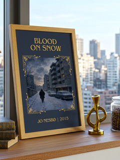 Blood on Snow Classic Book Art Print by Jo Nesbø – framed print on a city-view windowsill