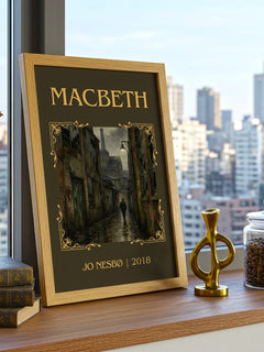 Macbeth Classic Book Art Print by Jo Nesbø – framed print on a city-view windowsill