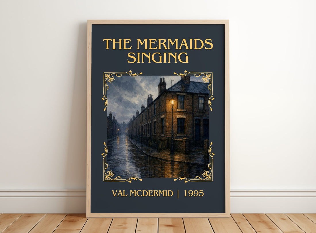 The Mermaids Singing Classic Book Art Print by Val McDermid – framed print leaning on a wooden floor