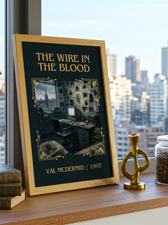 The Wire in the Blood Classic Book Art Print by Val McDermid – framed print on a city-view windowsill