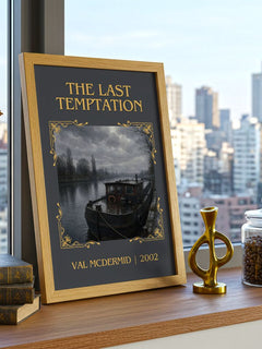 The Last Temptation Classic Book Art Print by Val McDermid – framed print on a city-view windowsill