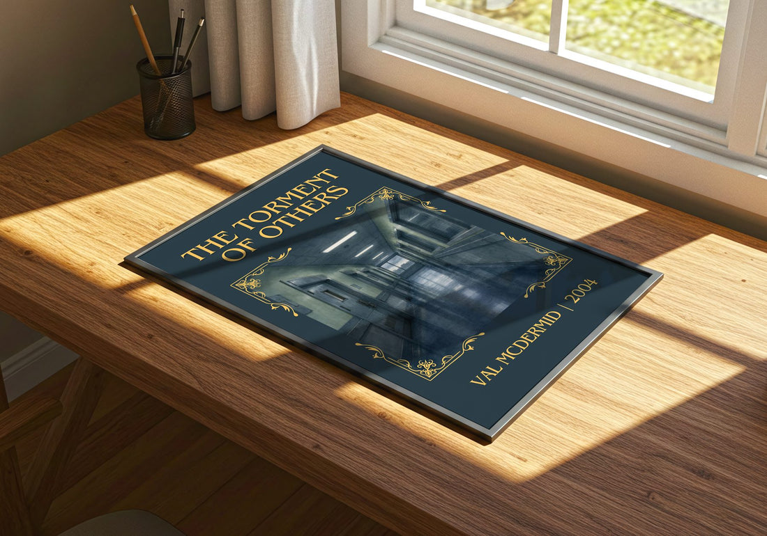 The Torment of Others Classic Book Art Print by Val McDermid – print on a sunlit desk