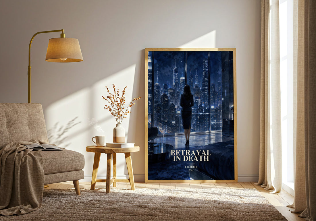 Betrayal In Death watercolour print in frame leaning in hallway – mystery wall art (mockup)