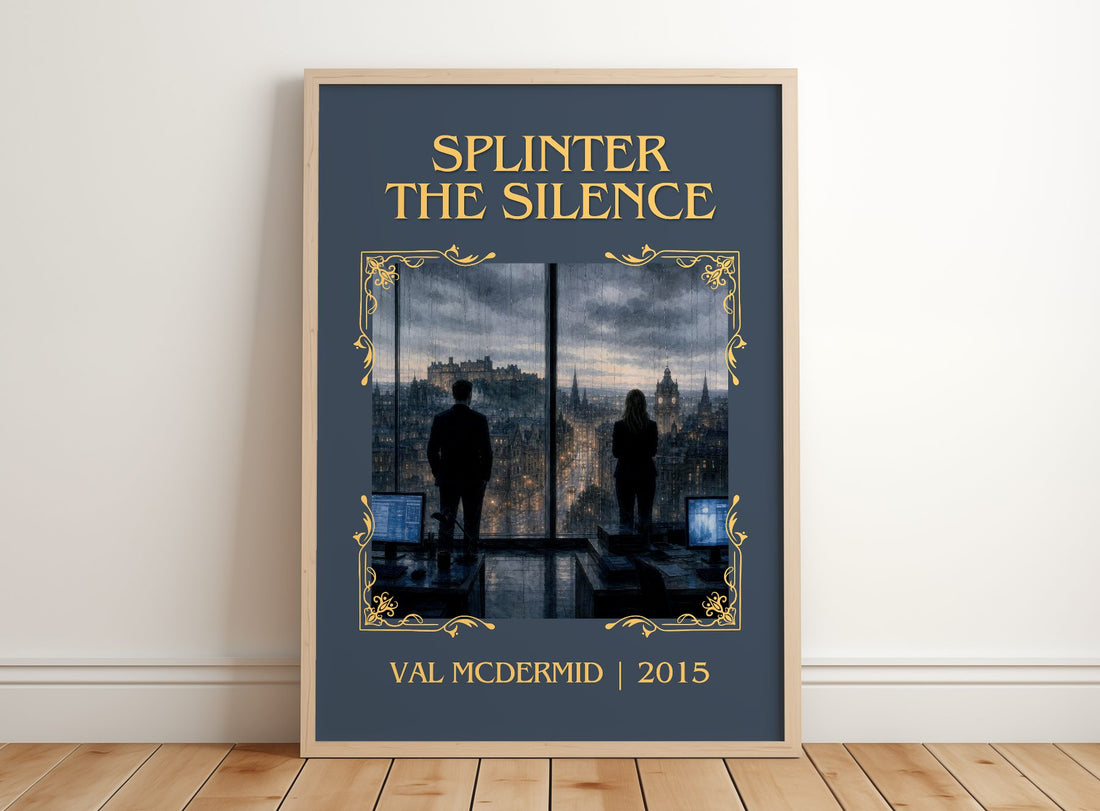 Splinter the Silence Classic Book Art Print by Val McDermid – framed print leaning on a wooden floor