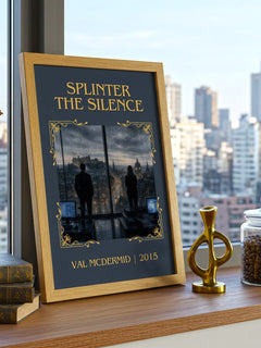 Splinter the Silence Classic Book Art Print by Val McDermid – framed print on a city-view windowsill