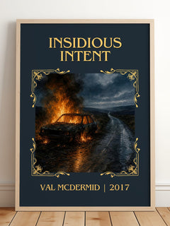 Insidious Intent Classic Book Art Print by Val McDermid – framed print leaning on a wooden floor