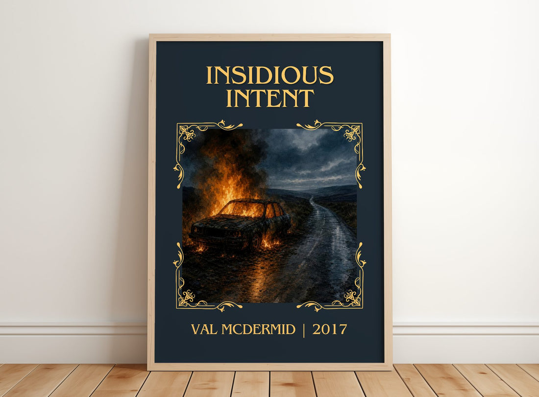 Insidious Intent Classic Book Art Print by Val McDermid – framed print leaning on a wooden floor