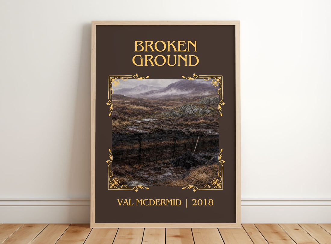 Broken Ground Classic Book Art Print by Val McDermid – framed print leaning on a wooden floor