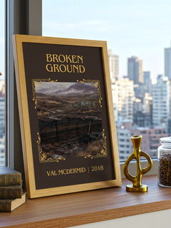 Broken Ground Classic Book Art Print by Val McDermid – framed print on a city-view windowsill