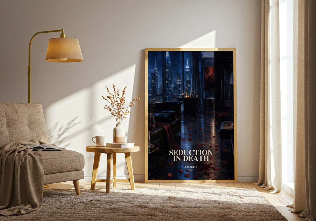 Seduction In Death watercolour print in frame leaning in hallway – thriller wall art (mockup)