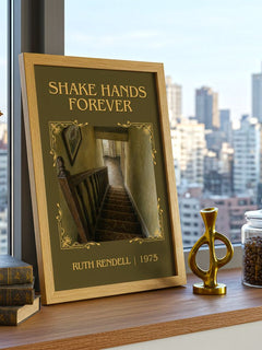 Shake Hands Forever Classic Book Art Print by Ruth Rendell – framed print on a city-view windowsill